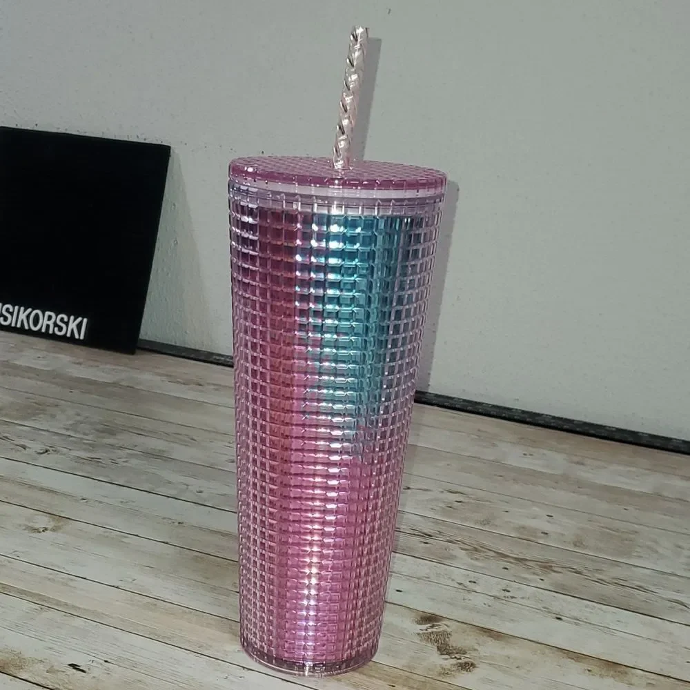 Starbucks Pink & Blue Grid Gradient Cotton Candy Venti Cup‎ Twisty Straw